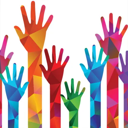 A group of colorful hands reaching up into the air