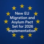 EU flag with stars encircling text about the 2026 Migration and Asylum Pact