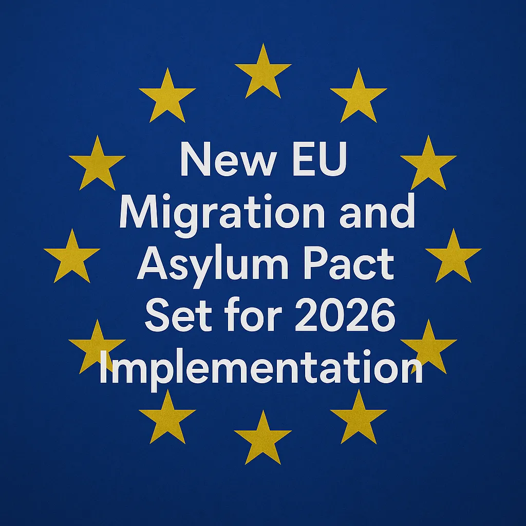 EU flag with stars encircling text about the 2026 Migration and Asylum Pact