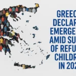 Map of Greece filled with diverse refugee children and headline about the 2024 child migration crisis.