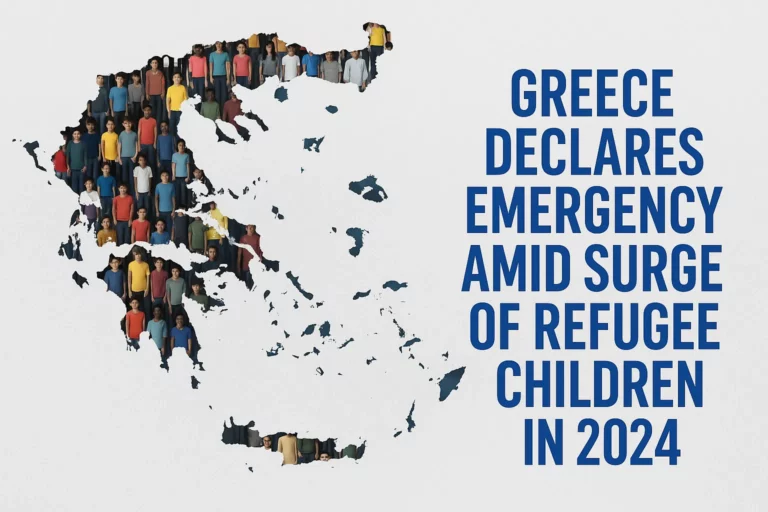Map of Greece filled with diverse refugee children and headline about the 2024 child migration crisis.