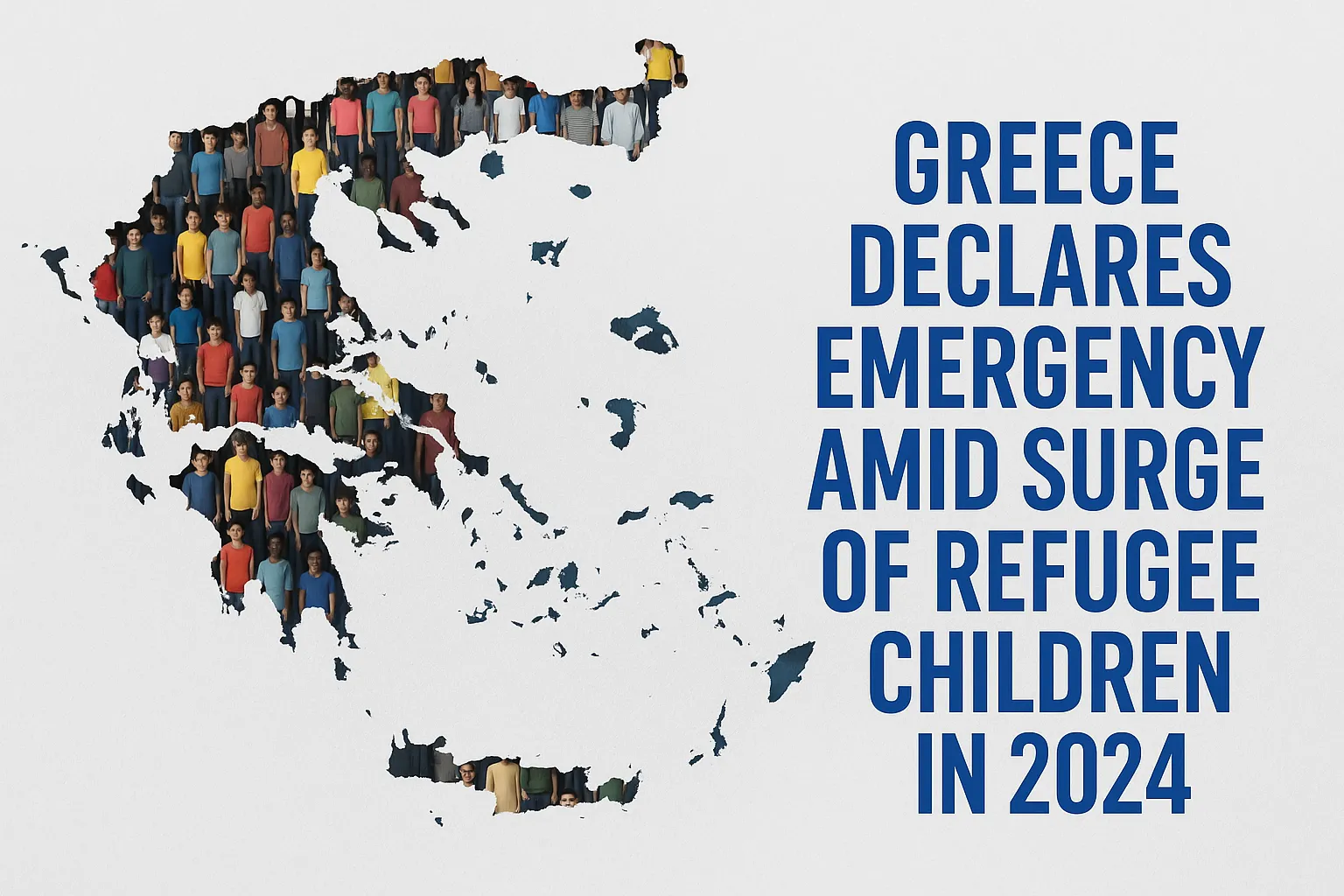 Map of Greece filled with diverse refugee children and headline about the 2024 child migration crisis.