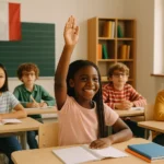 Diverse students in an Italian classroom, with one girl raising her hand during a language lesson.
