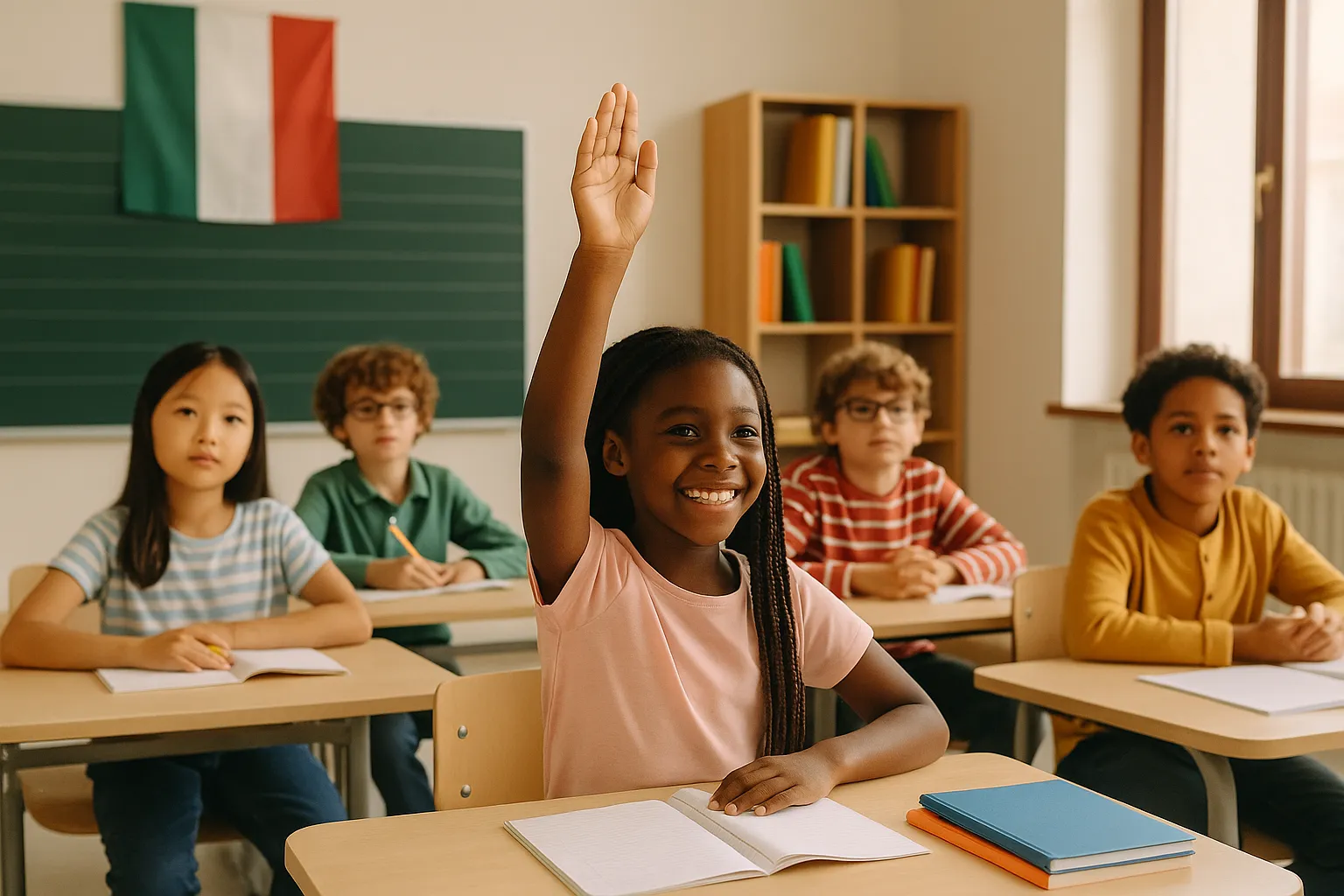 Diverse students in an Italian classroom, with one girl raising her hand during a language lesson.