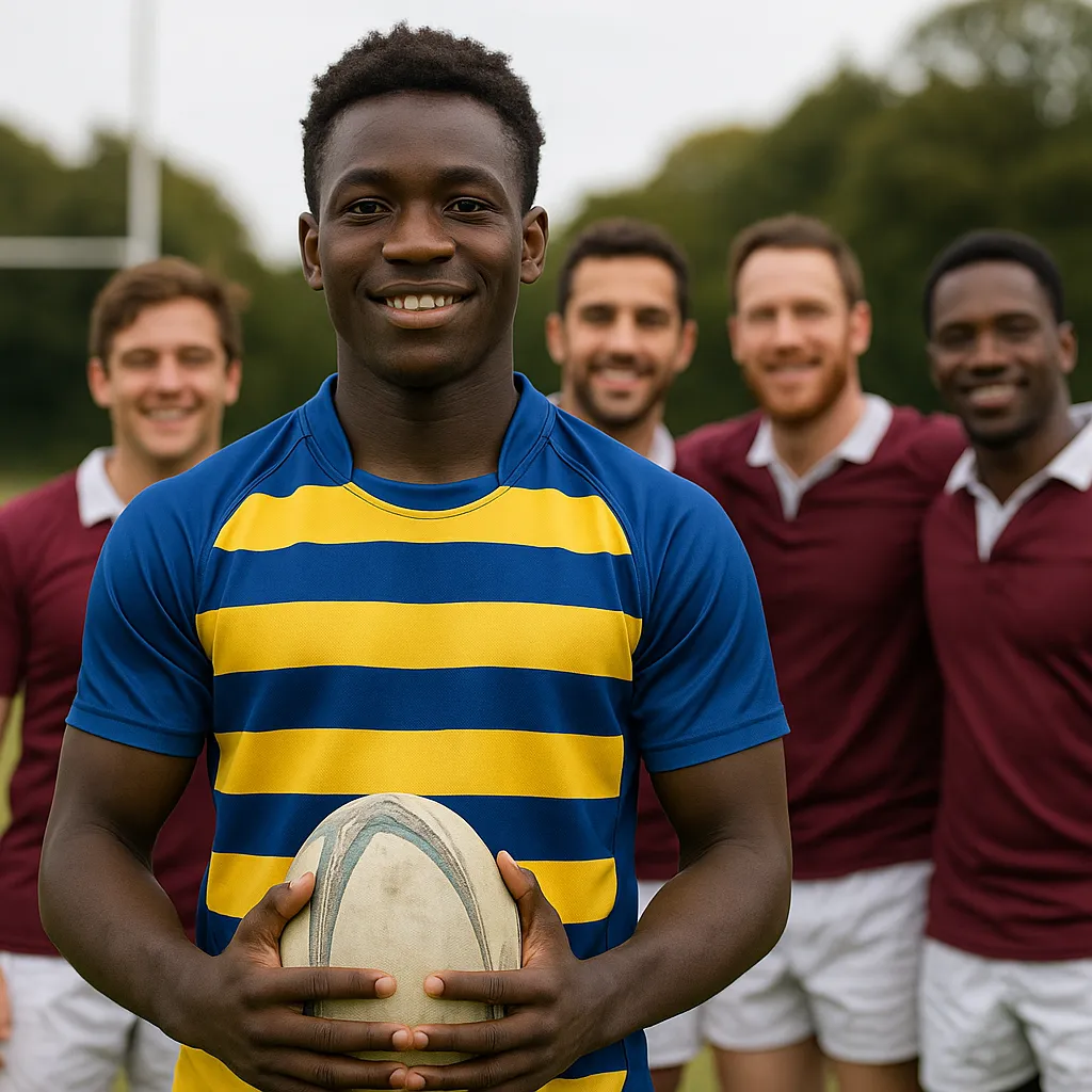 Young migrant rugby player in blue and yellow jersey with teammates in maroon, standing on a field.