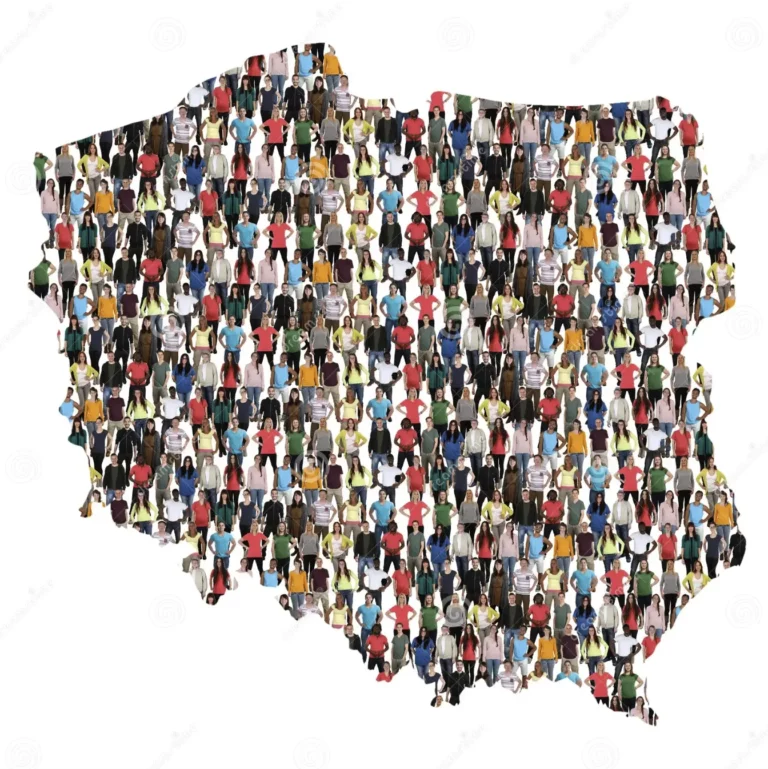 Poland map filled with diverse people representing migration and integration
