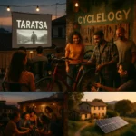 Three community spaces: Taratsa rooftop cinema, Cyclelogy bike shop, and The Getaway Place retreat, each fostering inclusion and belonging.
