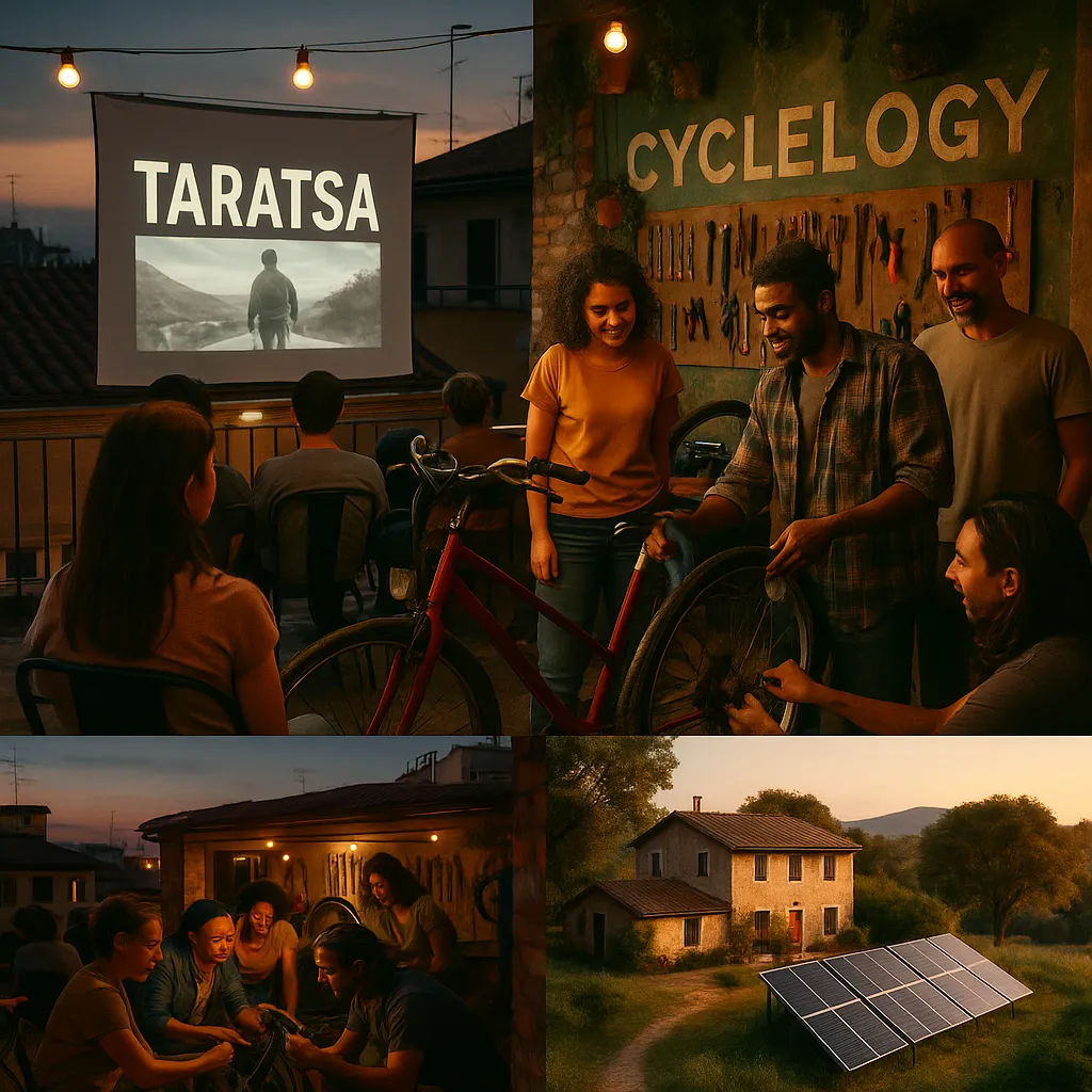 Three community spaces: Taratsa rooftop cinema, Cyclelogy bike shop, and The Getaway Place retreat, each fostering inclusion and belonging.