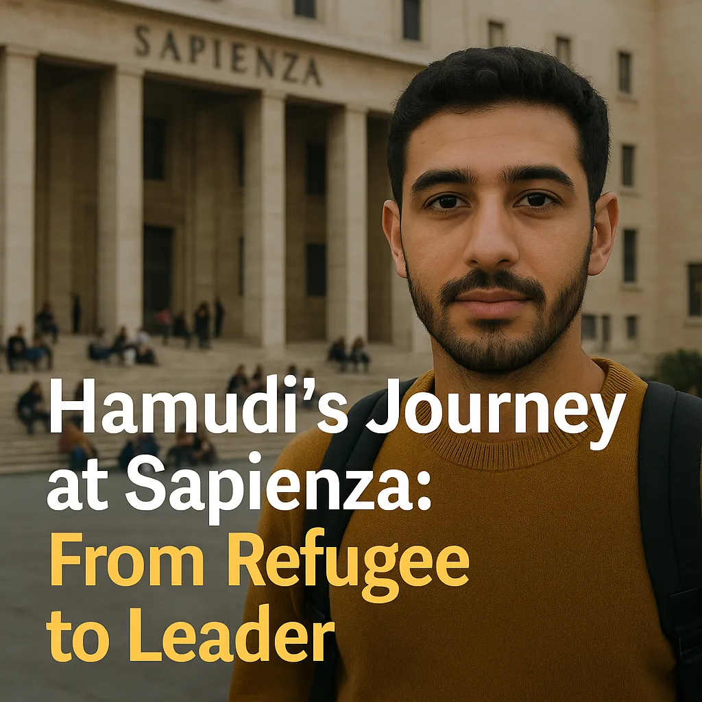 Portrait of Hamudi, a young Syrian man, standing confidently in front of Sapienza University, representing his journey from refugee to academic leader in 2025.