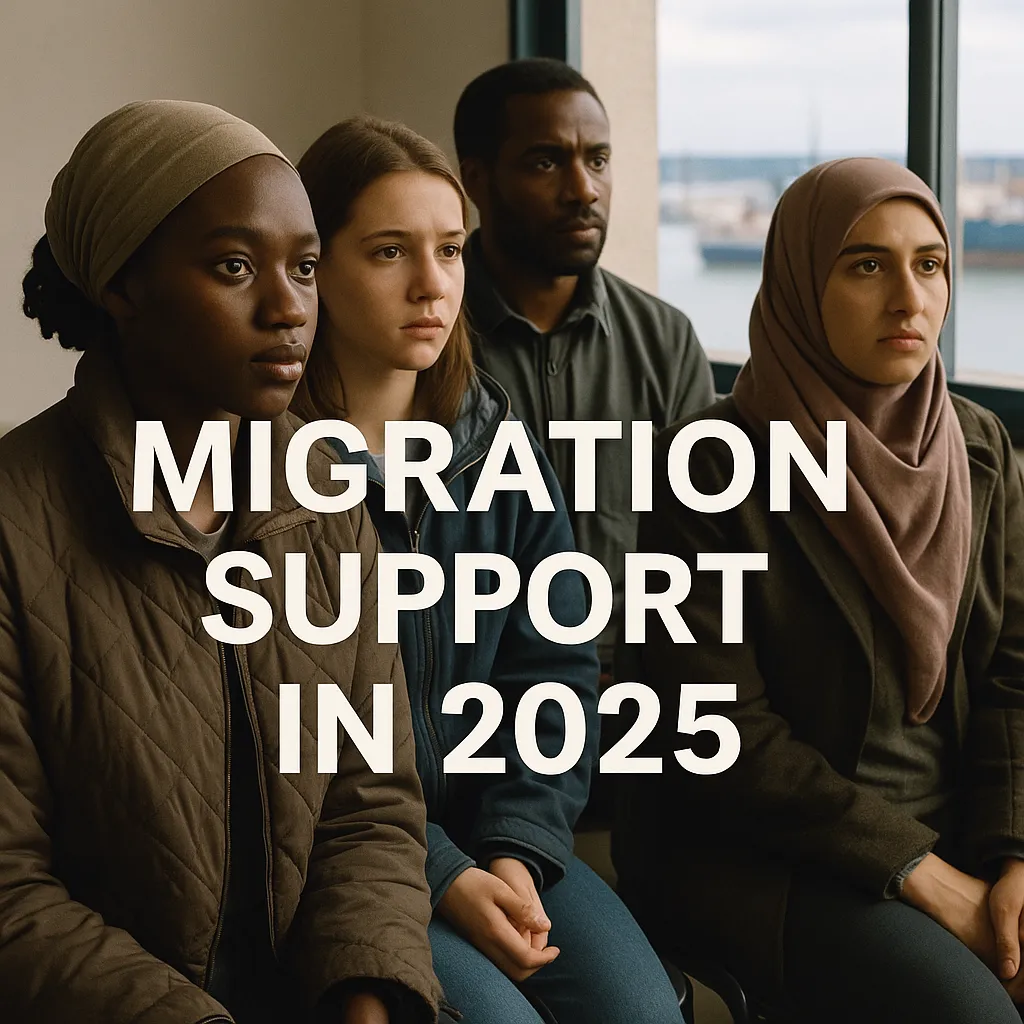 A photograph captures four ethnically diverse individuals seated by a window with a harbor view, symbolizing migration support in 2025.