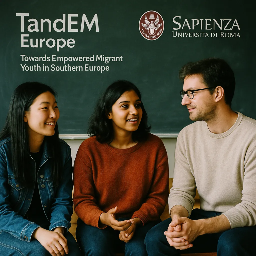 A photograph shows three ethnically diverse university students engaged in animated conversation, sitting in front of a chalkboard featuring TandEM Europe and Sapienza logos.